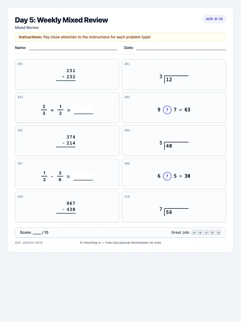 Day 5: Weekly Mixed Review - Friday math worksheet preview for Ages 9–10