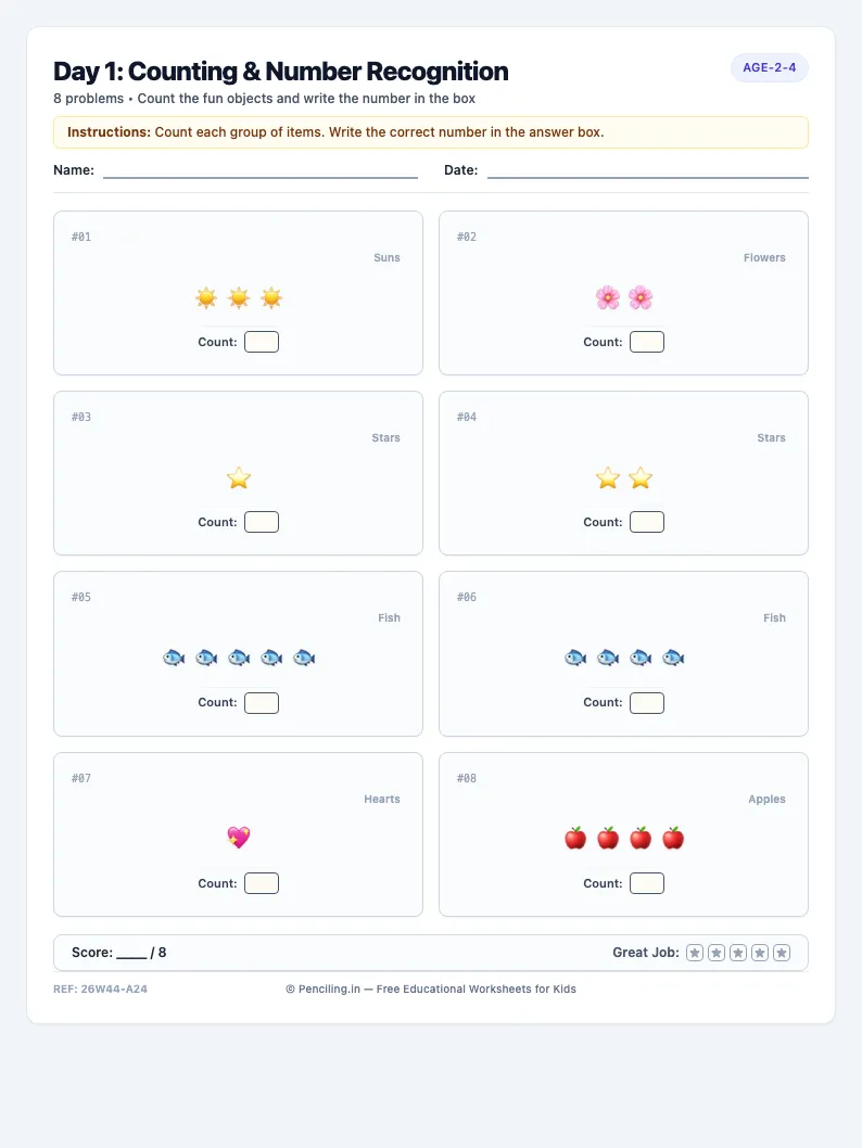 Day 1: Counting & Number Recognition - Monday math worksheet preview for Ages 2–4