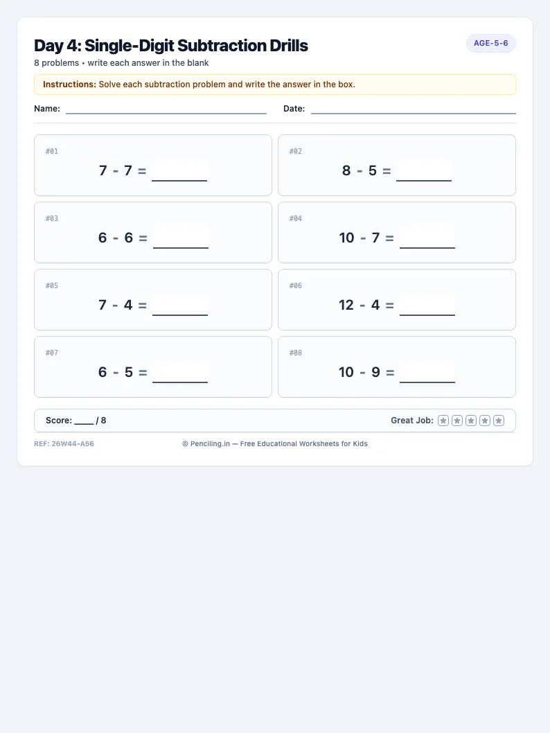 Day 4: Single-Digit Subtraction Drills - Thursday math worksheet preview for Ages 5–6