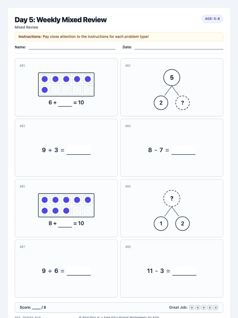 Day 5: Weekly Mixed Review - Friday math worksheet preview for Ages 5–6