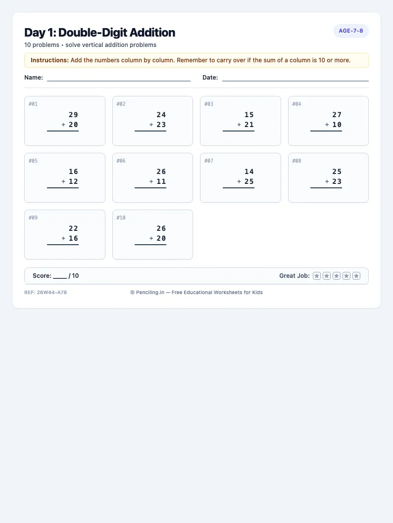 Day 1: Double-Digit Addition - Monday math worksheet preview for Ages 7–8