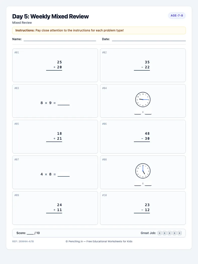 Day 5: Weekly Mixed Review - Friday math worksheet preview for Ages 7–8