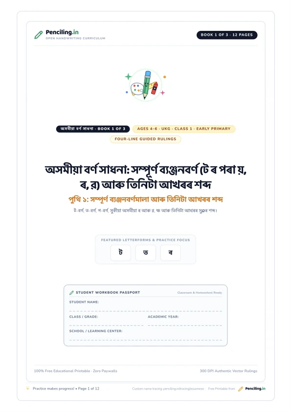 অসমীয়া বৰ্ণ সাধনা: সম্পূৰ্ণ ব্যঞ্জনবৰ্ণ (ট ৰ পৰা য়, ৰ, ৱ) আৰু তিনিটা আখৰৰ শব্দ Cover