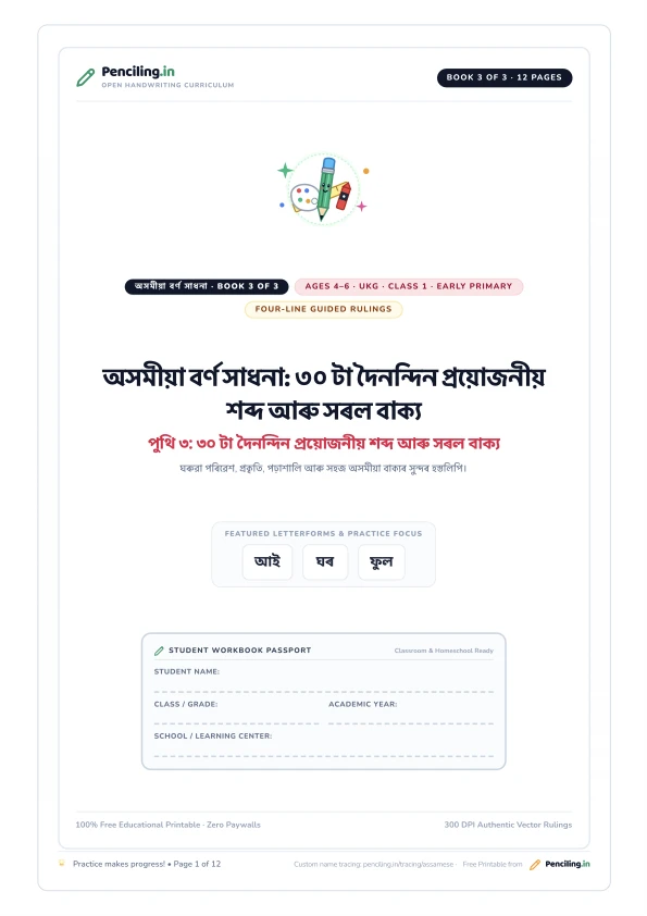 অসমীয়া বৰ্ণ সাধনা: ৩০ টা দৈনন্দিন প্ৰয়োজনীয় শব্দ আৰু সৰল বাক্য Cover