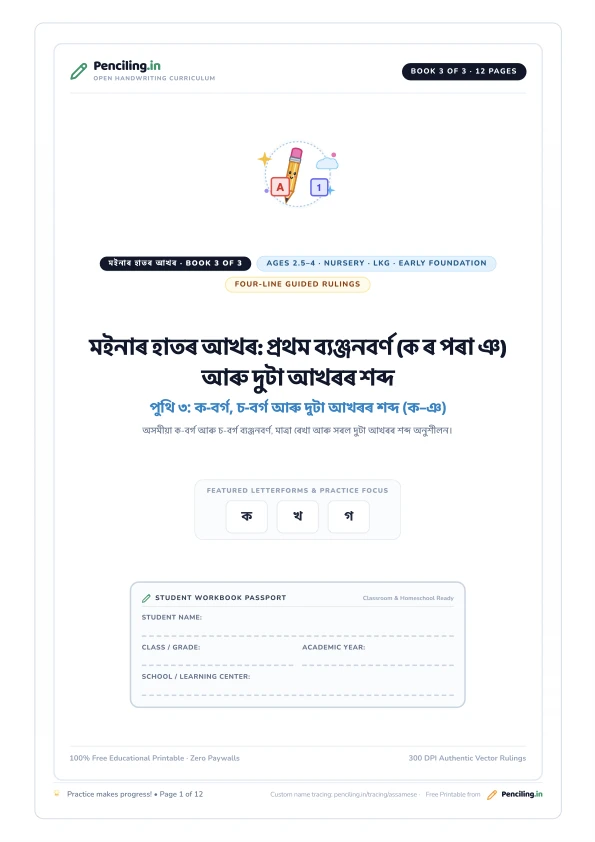 মইনাৰ হাতৰ আখৰ: প্ৰথম ব্যঞ্জনবৰ্ণ (ক ৰ পৰা ঞ) আৰু দুটা আখৰৰ শব্দ Cover