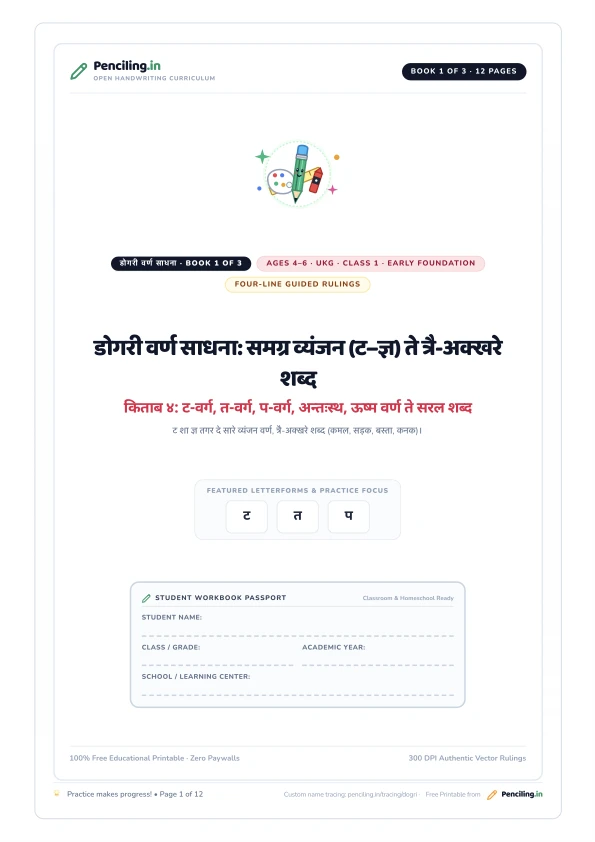 डोगरी वर्ण साधना: समग्र व्यंजन (ट–ज्ञ) ते त्रै-अक्खरे शब्द Cover Mockup