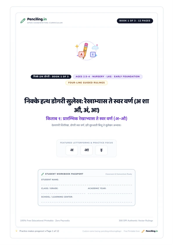 निक्के हत्थ डोगरी सुलेख: रेखाभ्यास ते स्वर वर्ण (अ शा औ, अं, अः) Cover
