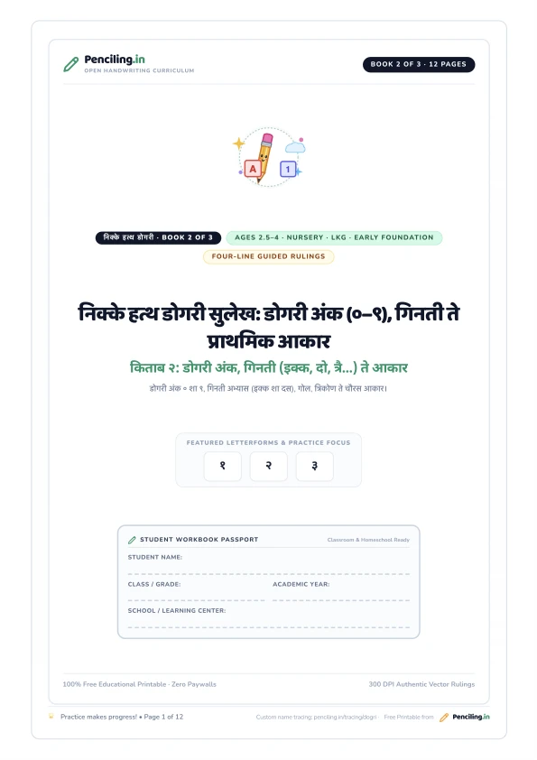 निक्के हत्थ डोगरी सुलेख: डोगरी अंक (०–९), गिनती ते प्राथमिक आकार Cover