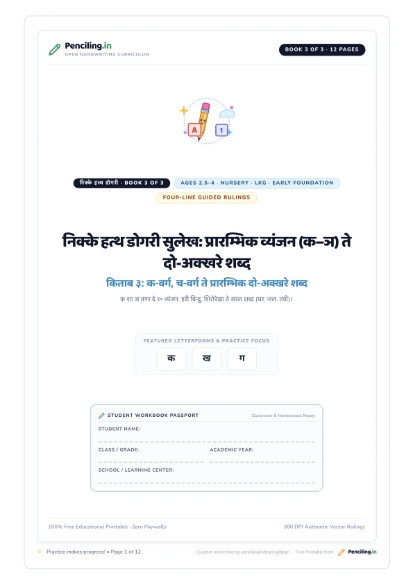 निक्के हत्थ डोगरी सुलेख: प्रारम्भिक व्यंजन (क–ञ) ते दो-अक्खरे शब्द Cover Mockup