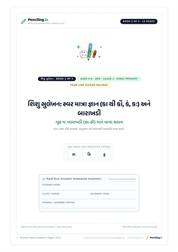 શિશુ સુલેખન: સ્વર માત્રા જ્ઞાન (કા થી કૌ, કં, કઃ) અને બારાખડી Cover