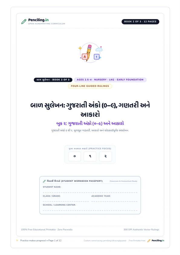 બાળ સુલેખન: ગુજરાતી અંકો (૦–૯), ગણતરી અને આકારો Cover