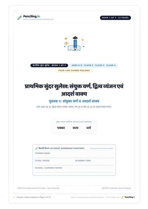 प्राथमिक सुंदर सुलेख: संयुक्त वर्ण, द्वित्व व्यंजन एवं आदर्श वाक्य Cover Mockup