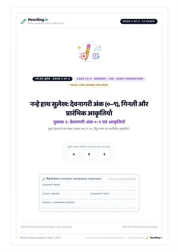 नन्हे हाथ सुलेख: देवनागरी अंक (०–९), गिनती और प्रारंभिक आकृतियाँ Cover