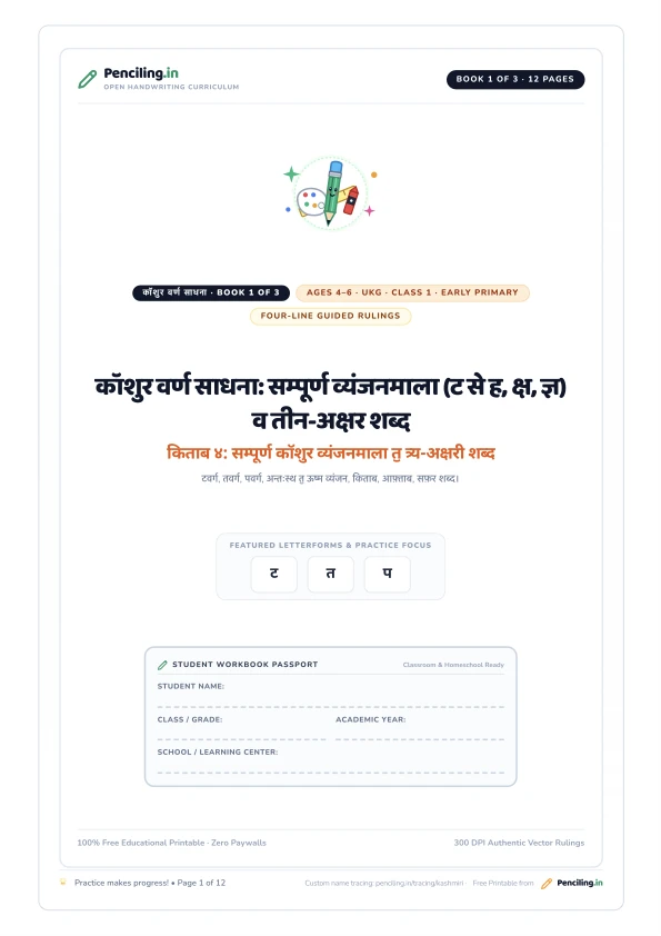 कॉशुर वर्ण साधना: सम्पूर्ण व्यंजनमाला (ट से ह, क्ष, ज्ञ) व तीन-अक्षर शब्द Cover