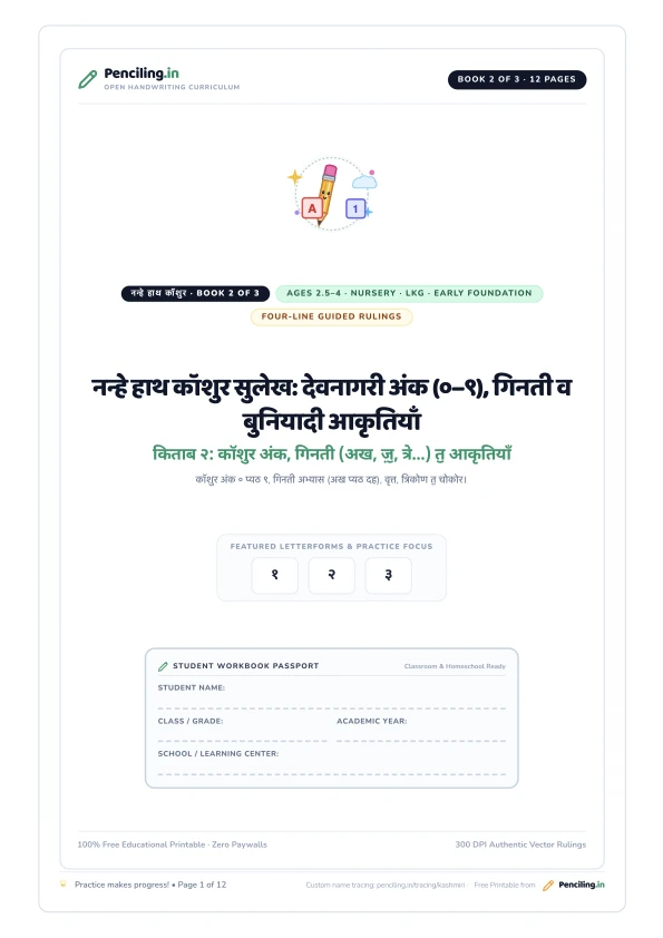 नन्हे हाथ कॉशुर सुलेख: देवनागरी अंक (०–९), गिनती व बुनियादी आकृतियाँ Cover Mockup