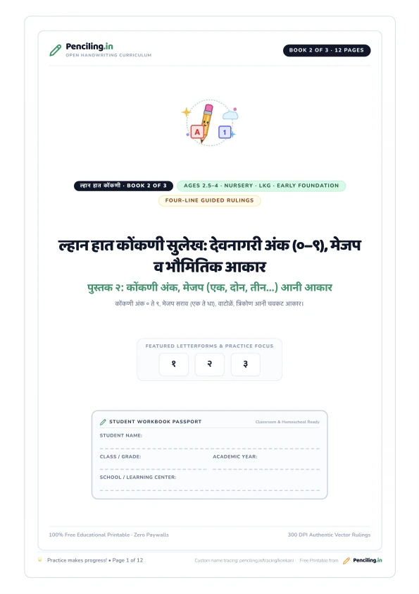 ल्हान हात कोंकणी सुलेख: देवनागरी अंक (०–९), मेजप व भौमितिक आकार Cover Mockup