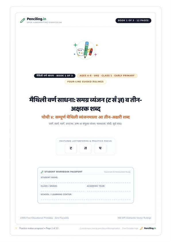 मैथिली वर्ण साधना: समग्र व्यंजन (ट सँ ज्ञ) व तीन-अक्षरक शब्द Cover Mockup