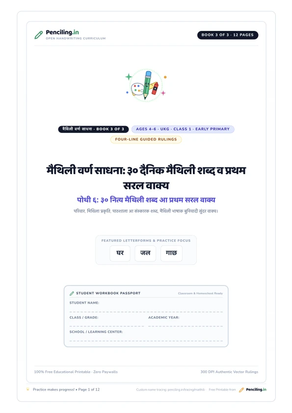 मैथिली वर्ण साधना: ३० दैनिक मैथिली शब्द व प्रथम सरल वाक्य Cover
