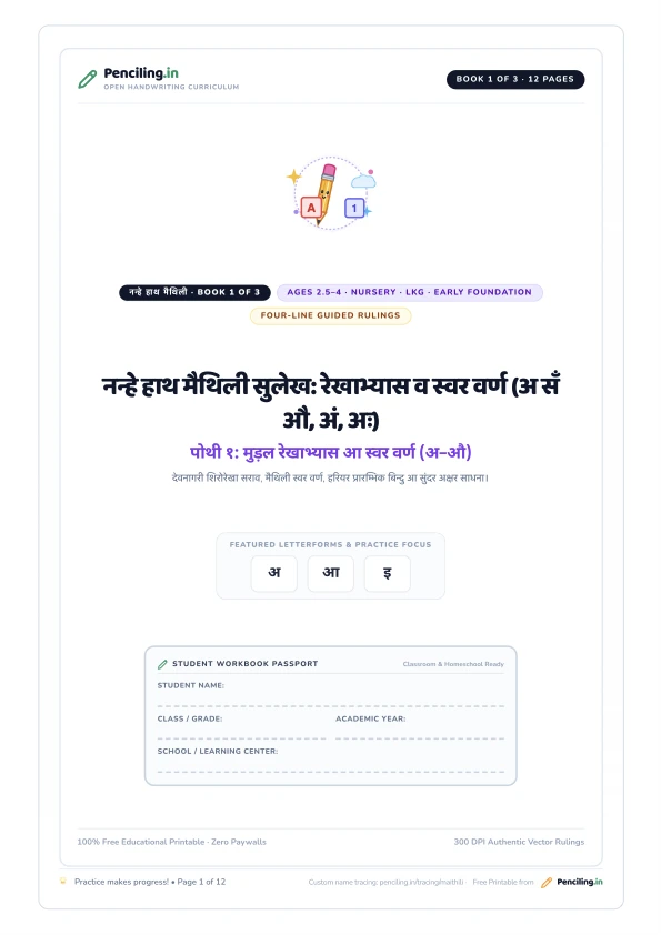 नन्हे हाथ मैथिली सुलेख: रेखाभ्यास व स्वर वर्ण (अ सँ औ, अं, अः) Cover Mockup