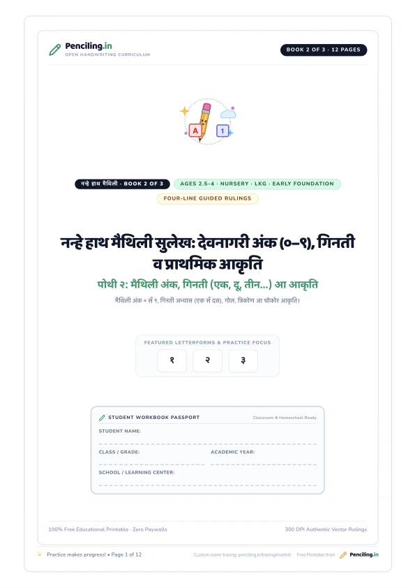 नन्हे हाथ मैथिली सुलेख: देवनागरी अंक (०–९), गिनती व प्राथमिक आकृति Cover