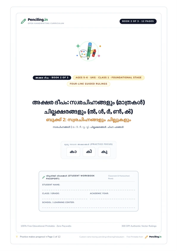അക്ഷര ദീപം: സ്വരചിഹ്നങ്ങളും (മാത്രകൾ) ചില്ലക്ഷരങ്ങളും (ൽ, ൾ, ർ, ൺ, ൿ) Cover