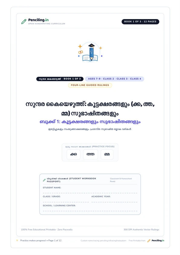 സുന്ദര കൈയെഴുത്ത്: കൂട്ടക്ഷരങ്ങളും (ക്ക, ത്ത, മ്മ) സുഭാഷിതങ്ങളും Cover