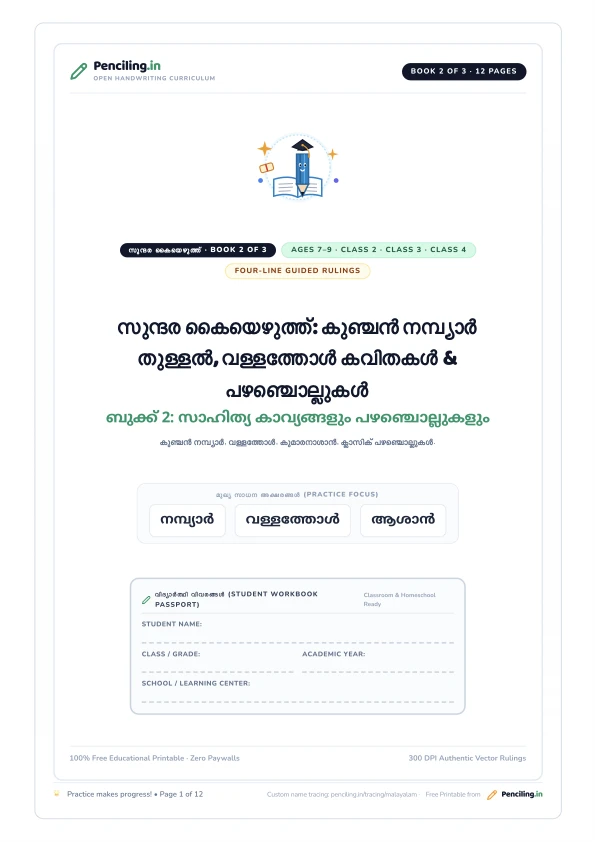 സുന്ദര കൈയെഴുത്ത്: കുഞ്ചൻ നമ്പ്യാർ തുള്ളൽ, വള്ളത്തോൾ കവിതകൾ & പഴഞ്ചൊല്ലുകൾ Cover Mockup