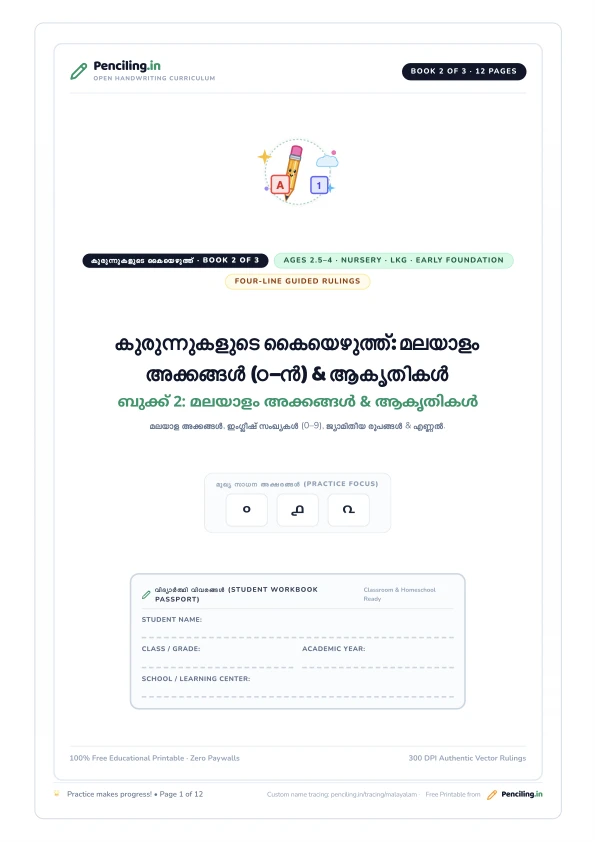 കുരുന്നുകളുടെ കൈയെഴുത്ത്: മലയാളം അക്കങ്ങൾ (൦–൯) & ആകൃതികൾ Cover Mockup