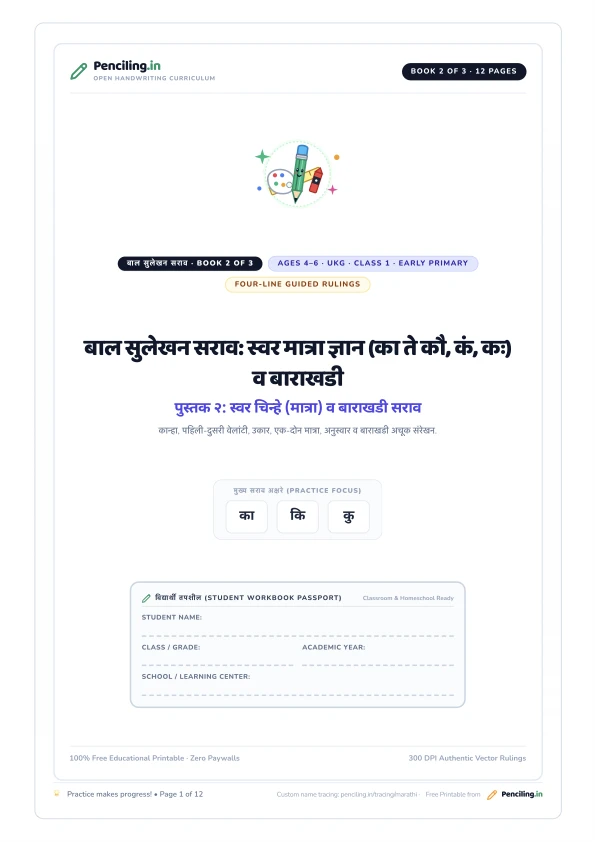 बाल सुलेखन सराव: स्वर मात्रा ज्ञान (का ते कौ, कं, कः) व बाराखडी Cover Mockup