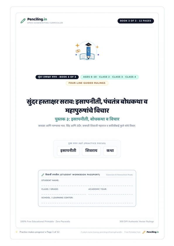 सुंदर हस्ताक्षर सराव: इसापनीती, पंचतंत्र बोधकथा व महापुरुषांचे विचार Cover