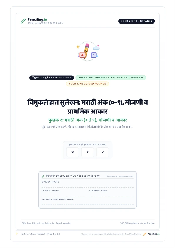 चिमुकले हात सुलेखन: मराठी अंक (०–९), मोजणी व प्राथमिक आकार Cover Mockup