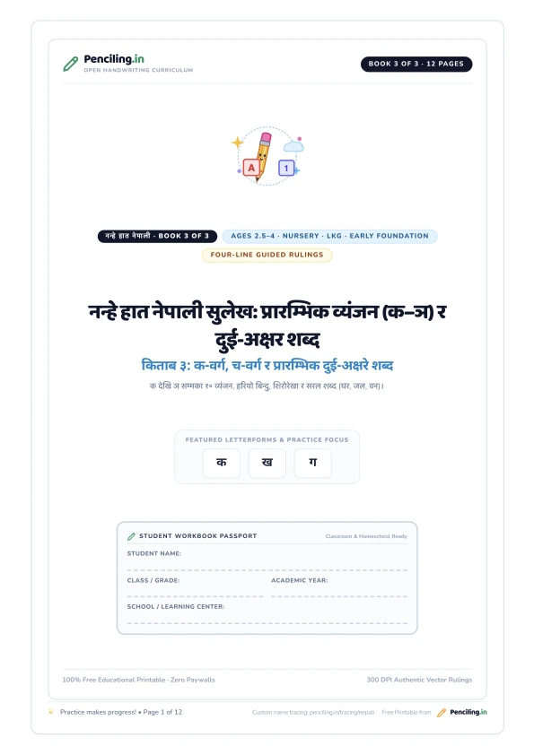 नन्हे हात नेपाली सुलेख: प्रारम्भिक व्यंजन (क–ञ) र दुई-अक्षर शब्द Cover