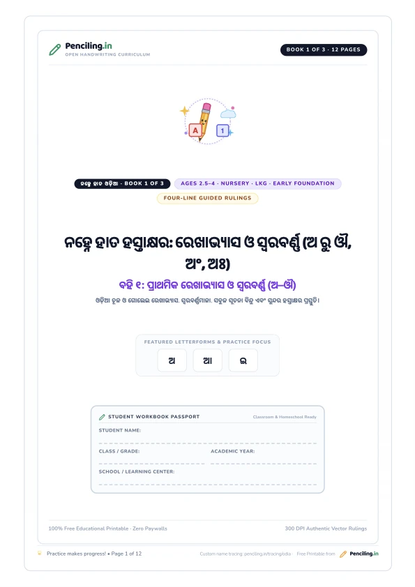 ନହ୍ନେ ହାତ ହସ୍ତାକ୍ଷର: ରେଖାଭ୍ୟାସ ଓ ସ୍ୱରବର୍ଣ୍ଣ (ଅ ରୁ ଔ, ଅଂ, ଅଃ) Cover Mockup