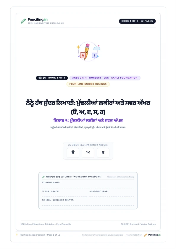 ਨੰਨ੍ਹੇ ਹੱਥ ਸੁੰਦਰ ਲਿਖਾਈ: ਮੁੱਢਲੀਆਂ ਲਕੀਰਾਂ ਅਤੇ ਸਵਰ ਅੱਖਰ (ੳ, ਅ, ੲ, ਸ, ਹ) Cover