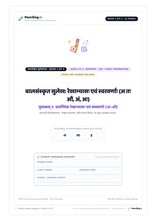 बालसंस्कृत सुलेख: रेखाभ्यासः एवं स्वरवर्णाः (अ तः औ, अं, अः) Cover