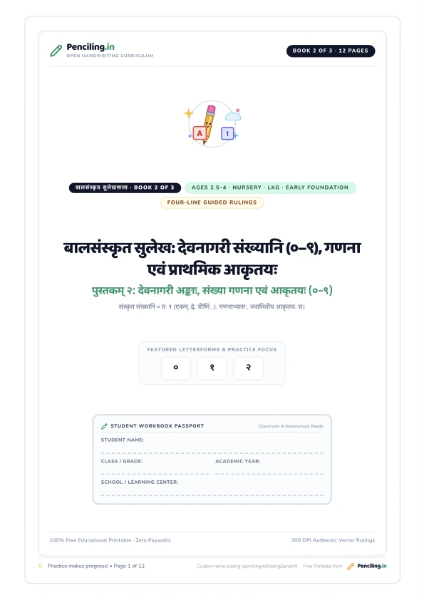 बालसंस्कृत सुलेख: देवनागरी संख्यानि (०–९), गणना एवं प्राथमिक आकृतयः Cover