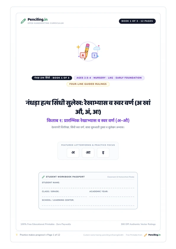 नंधड़ा हत्थ सिंधी सुलेख: रेखाभ्यास व स्वर वर्ण (अ खां औ, अं, अः) Cover