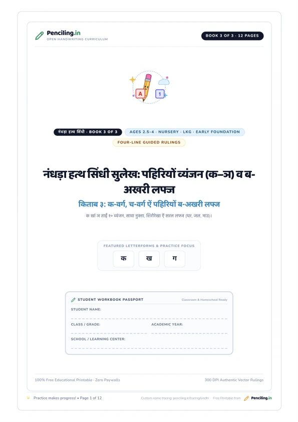 नंधड़ा हत्थ सिंधी सुलेख: पहिरियों व्यंजन (क–ञ) व ब-अखरी लफ्ज Cover