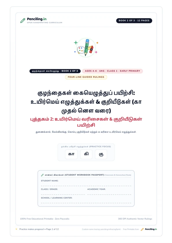 குழந்தைகள் கையெழுத்துப் பயிற்சி: உயிர்மெய் எழுத்துக்கள் & குறியீடுகள் (கா முதல் னௌ வரை) Cover Mockup