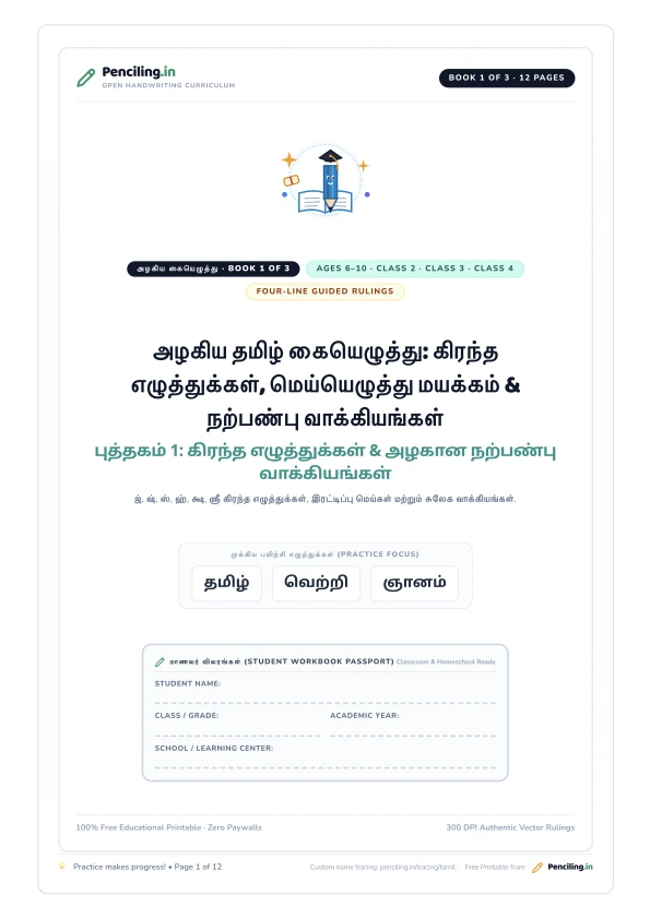 அழகிய தமிழ் கையெழுத்து: கிரந்த எழுத்துக்கள், மெய்யெழுத்து மயக்கம் & நற்பண்பு வாக்கியங்கள் Cover Mockup